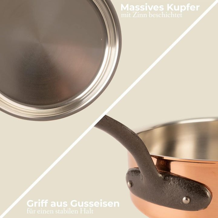 Cuisine Romefort | Kupfersauteuse verzinnt mit Gusseisengriff und Deckel Ø 22 cm | traditionelle Sch