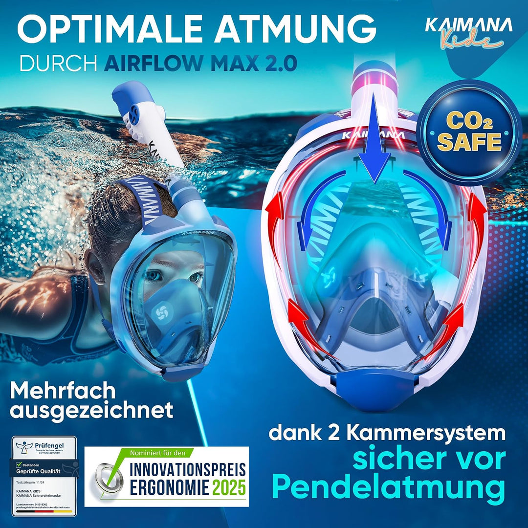 Die Preisgekrönte Kaimana® Schnorchelmaske für Erwachsene &amp; Kinder - absolut CO2 sicher - inkl. Trag