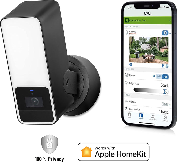 Eve Outdoor Cam – Smarte Aussenkamera mit Flutlicht, Sicherheit & Privatsphäre (HomeKit Secure Video