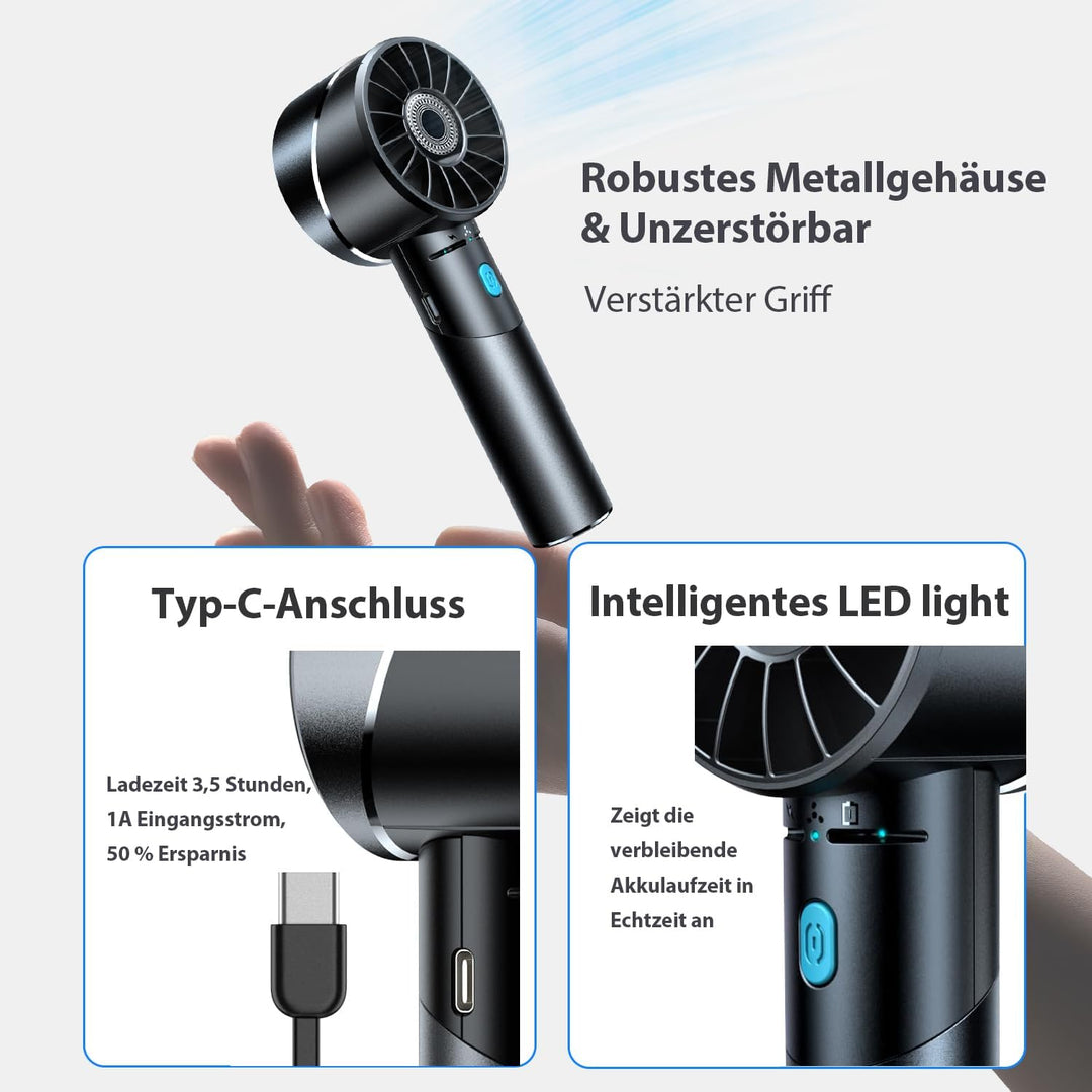Handventilator Akku Aufladbar, Mini Stark Ventilator mit 7000 rpm Hohe Geschwindigkeit, Kleiner Meta