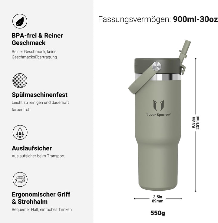 Sparrow Trinkflasche Edelstahl - Twistpath Thermosflasche mit Flex-Strohhalmdeckel - 900ml - BPA-fre