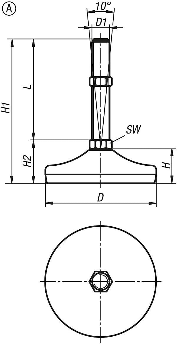 Kipp Stellfuss rund K0739 Stahl, Gewinde M20X150, Durchmesser: 100mm M20X150 Durchmesser: 100mm Stah