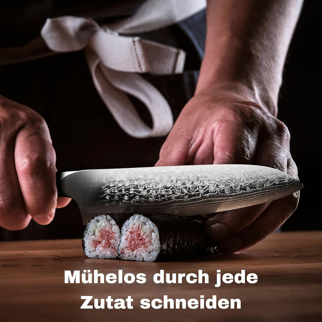 Santoku Damastmesser 18cm,Profi Kochmesser aus 67 Lagen VG10 Stahl | Handgeschmiedete Klinge, Echte