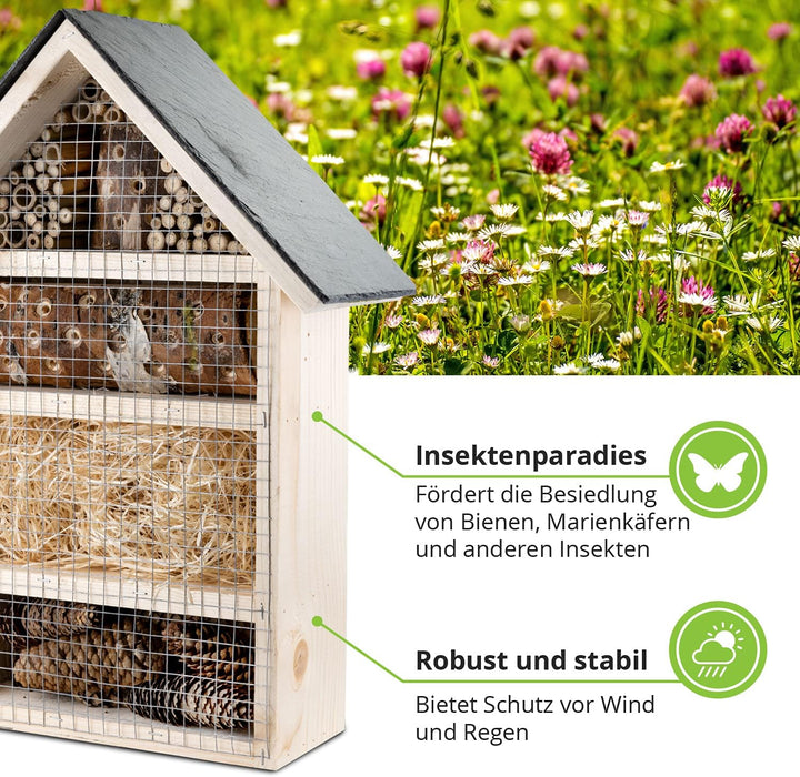 GARTENETAGE Insektenhotel mit Schieferdach/Naturbelassenes Insektenhaus & Bienenhotel/massives Insek