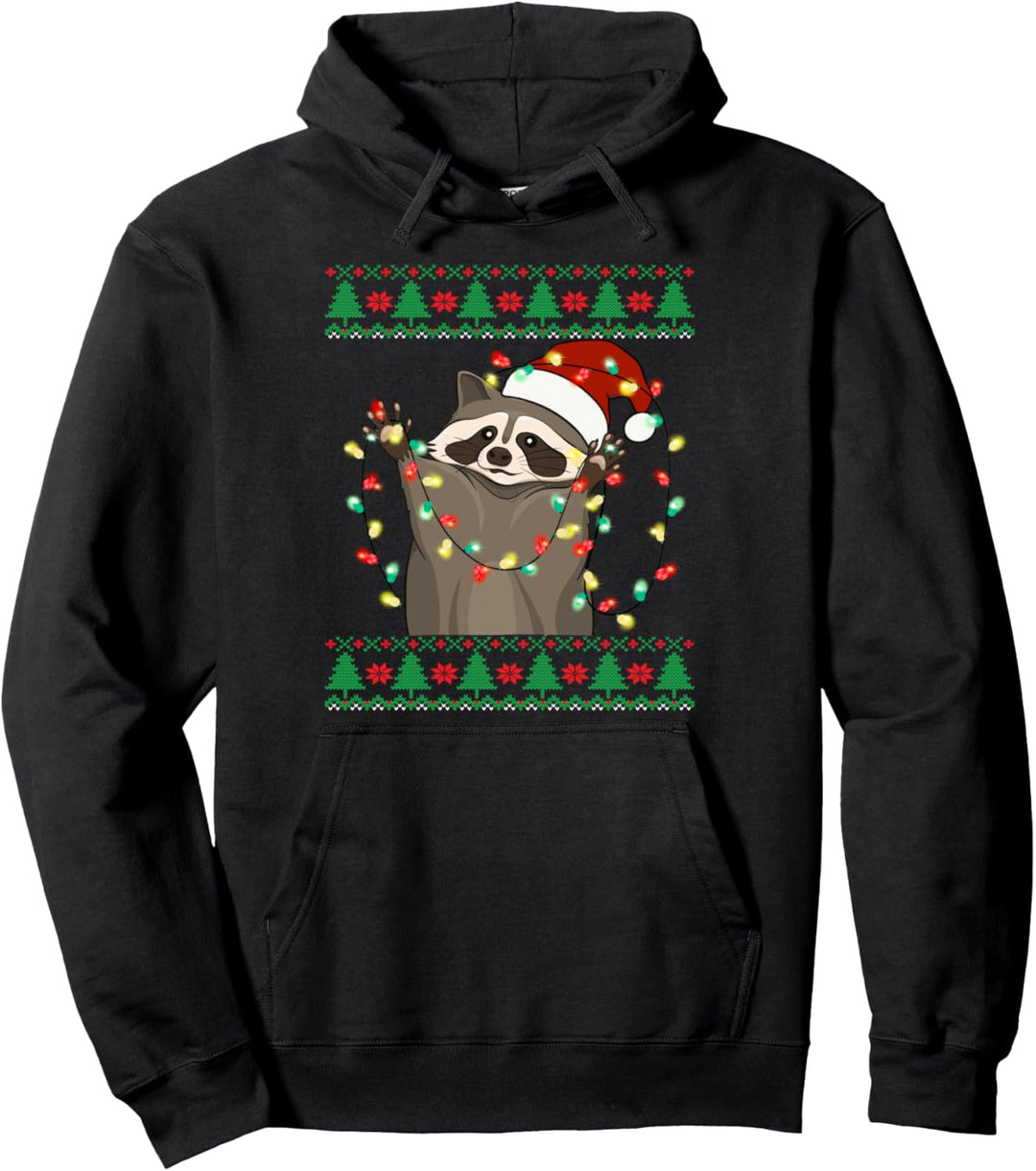 Ugly Christmas Racoon Santa Hat Lights Funny Racoon Xmas Pullover Hoodie