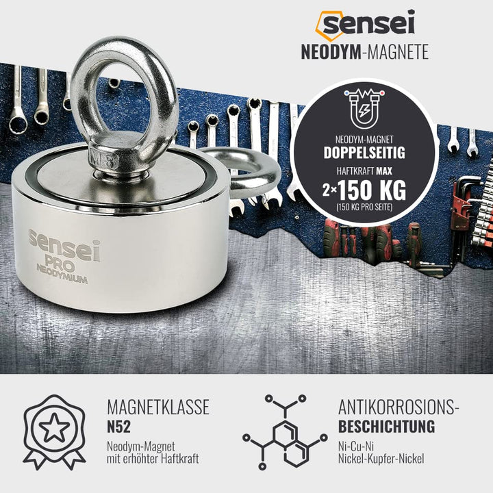 SENSEI Magnet 150 kg, Doppelseitiger Neodym-Magnet N52 mit 2 Ösen oben und seitlich, Ø6 x H2,7 cm, M