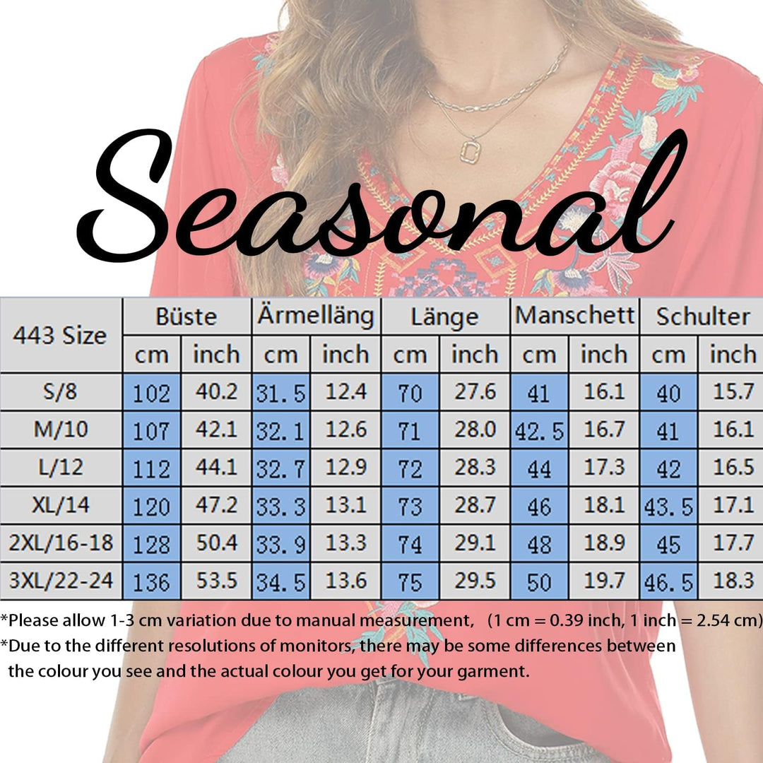 Seasonal Tunika Damen Sommer Boho Bluse Folklore Stickerei Oberteil Trachten Hippie Kleidung Kurzarm