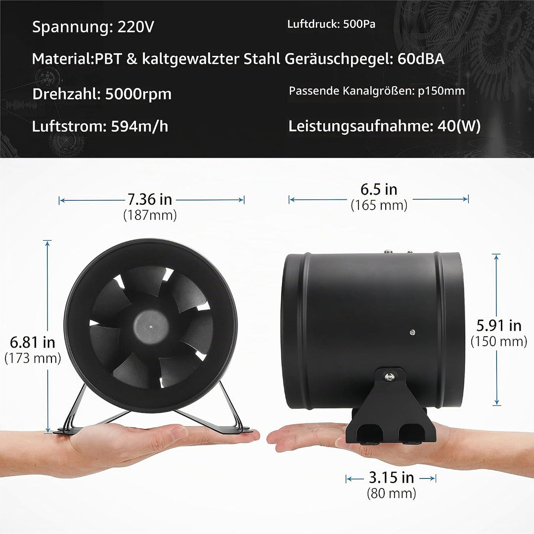 Rohrventilator 150mm Regelbar, 594m³/h Inline-Kanalventilator Abluftventilator Ideal Rohrlüfter für