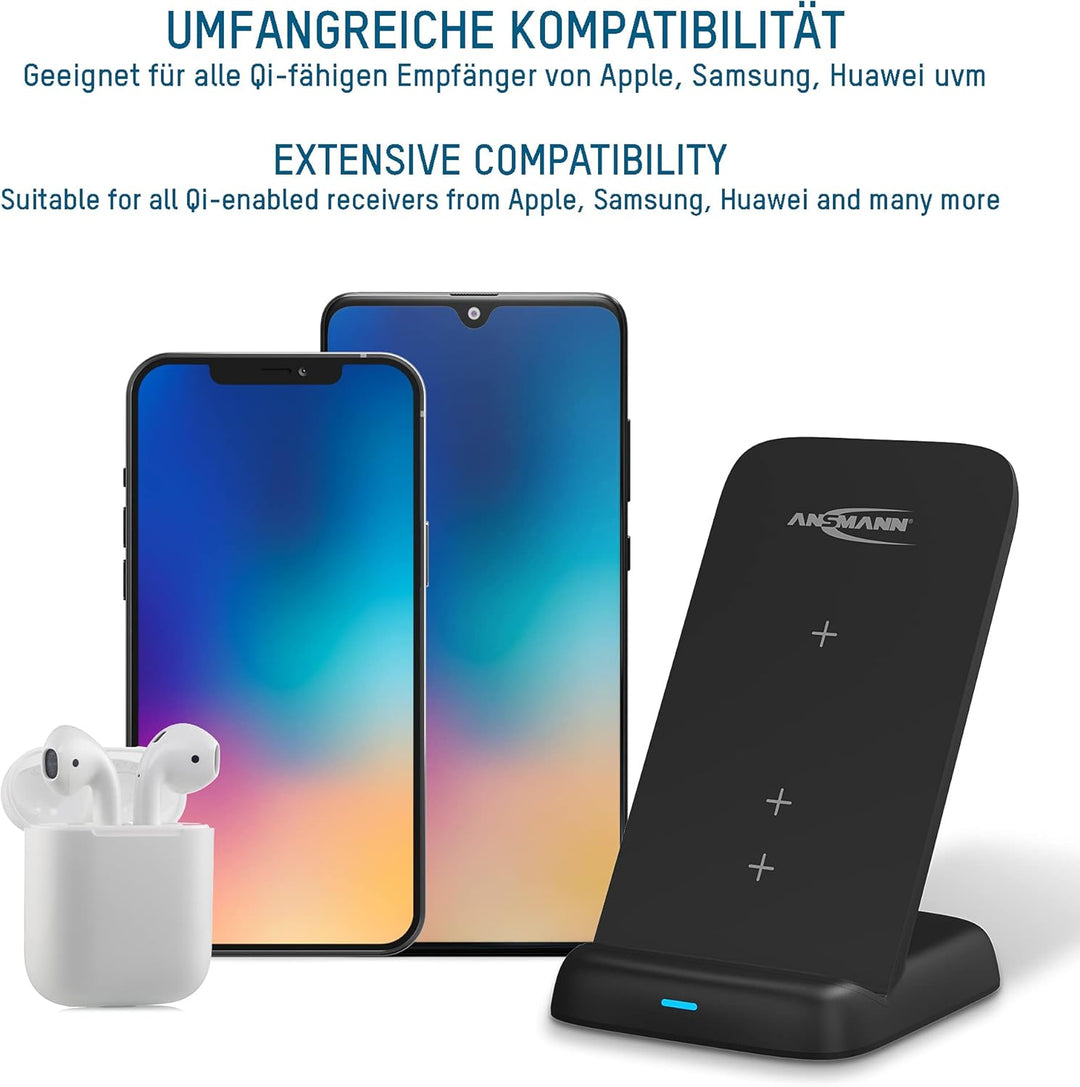 ANSMANN kabelloses Ladegerät 15W Qi-zertifizierter Wireless Charger, 3-Spulen Ladestation (vertikal,
