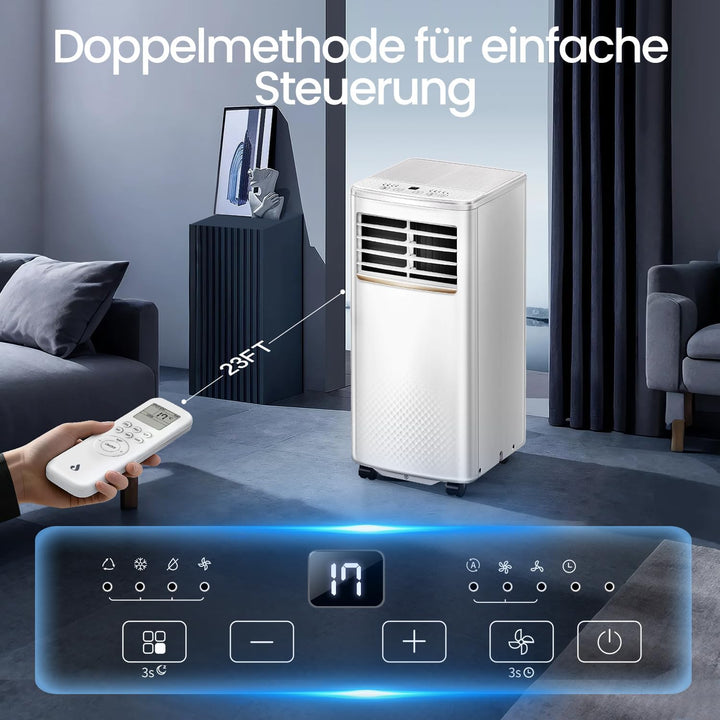 4 in 1 Mobiles Klimagerät, 7000 BTU Mobile Klimaanlage mit Kühlung, Luftzirkulation, Entfeuchtung, P