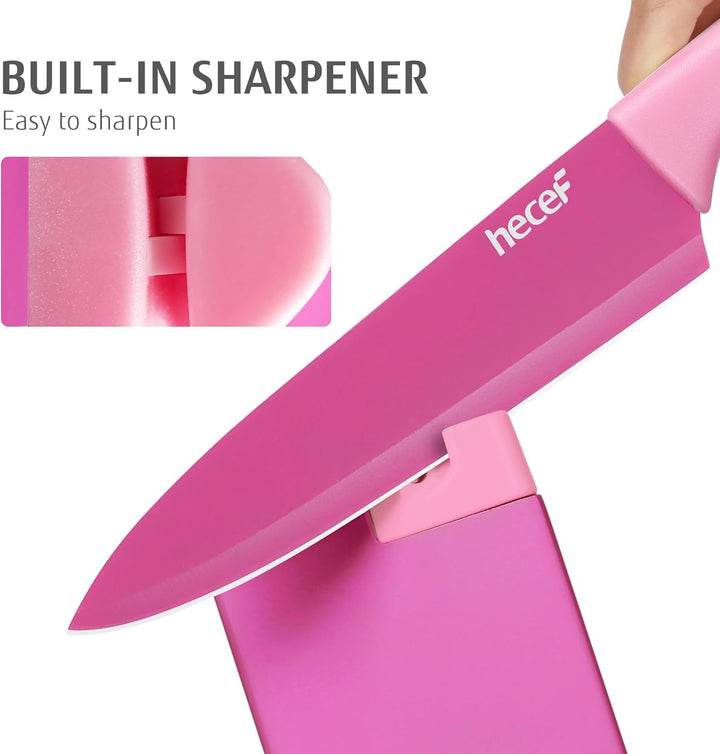 hecef 14-teilig Messerblock mit Messer, Pink, Antihaft-Beschichtung – Spülmaschinenfest, Messerblock