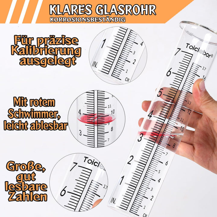 Regenmesser für Aussenbereich,Regenmesser aus Glas mit Metallständer, gut ablesbar mit rotem Schwimm
