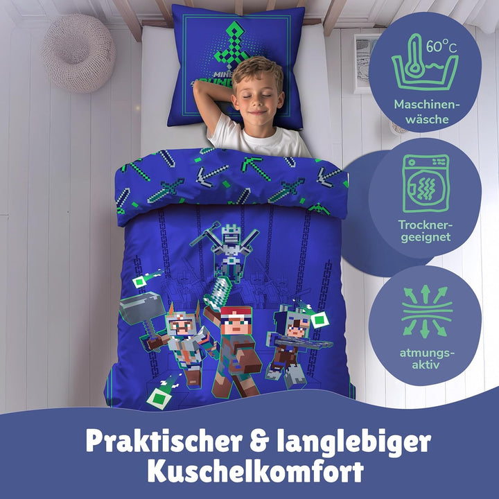 Minecraft Bettwäsche Set für Jungen · Kinderbettwäsche 135x200 80x80 cm aus 100% Baumwolle · Motiv m