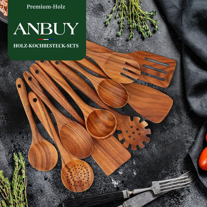 ANBUY Teakholz-Küchenutensilien-Set, hochbeständige Holzlöffel zum Kochen, antihaftbeschichtet, Koch