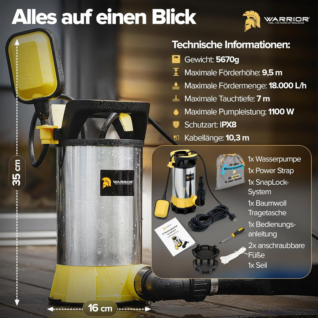 WARRIOR® 3in1 Schmutzwasserpumpe flachsaugend [TESTSIEGER] SentinelFlat Pro 1100W mit SnapLock-Syste