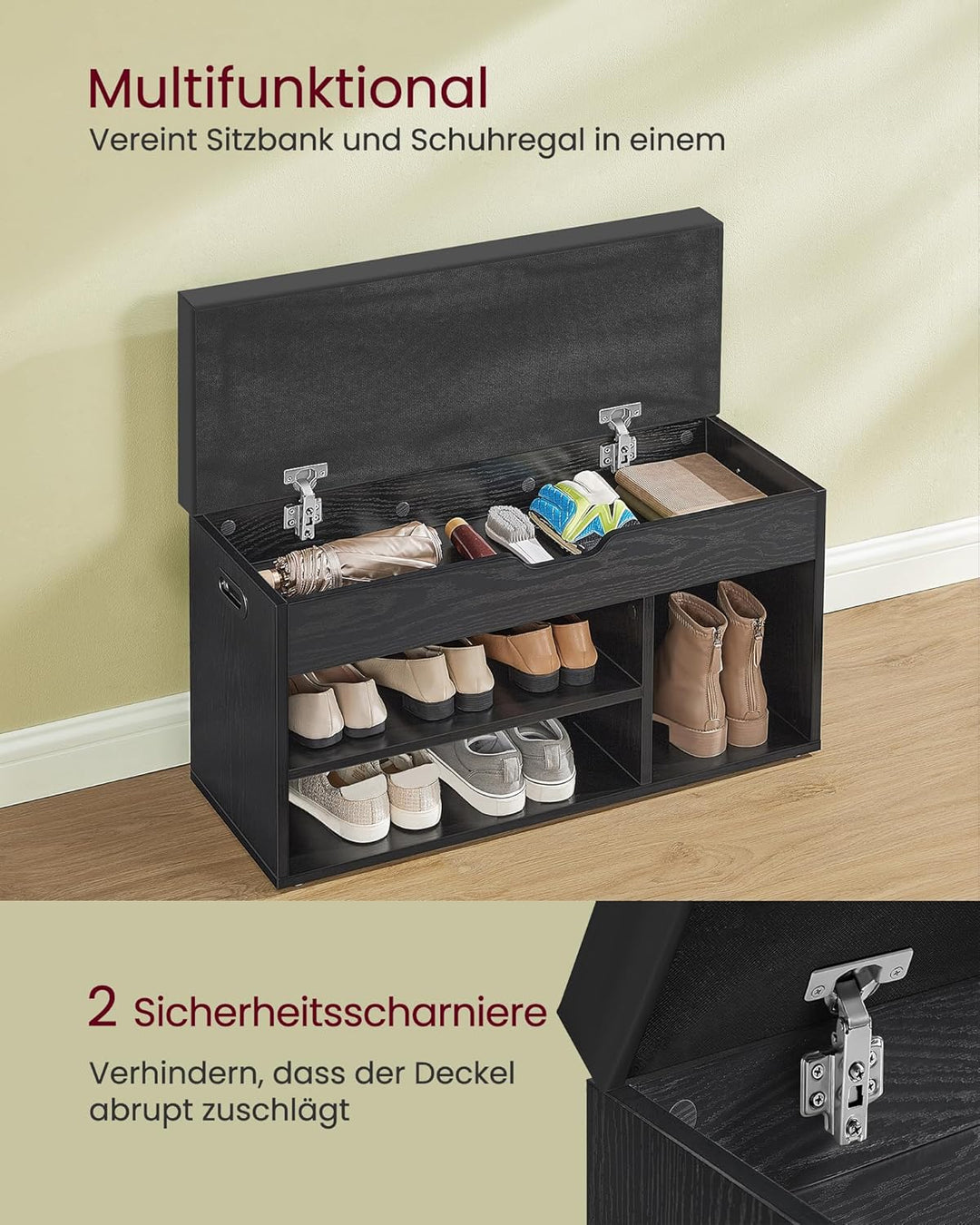 VASAGLE Schuhbank mit Sitzfläche, Sitzbank mit Stauraum, gepolstert, Fach unter Sitzkissen, Schuhreg