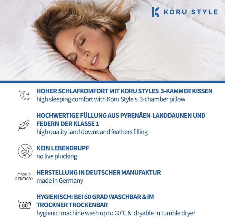 Koru Style Premium 3 Kammer Kopfkissen 80x80 – Grösse 80x80 cm - Federkissen Daunenkissen – Daunen u