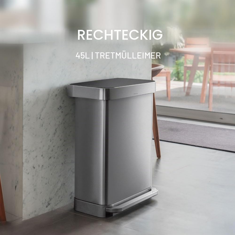 simplehuman CW2080 45 Liter, rechteckiger Treteimer mit Beutelfach, Mülleimer Küche, gebürsteter Ed