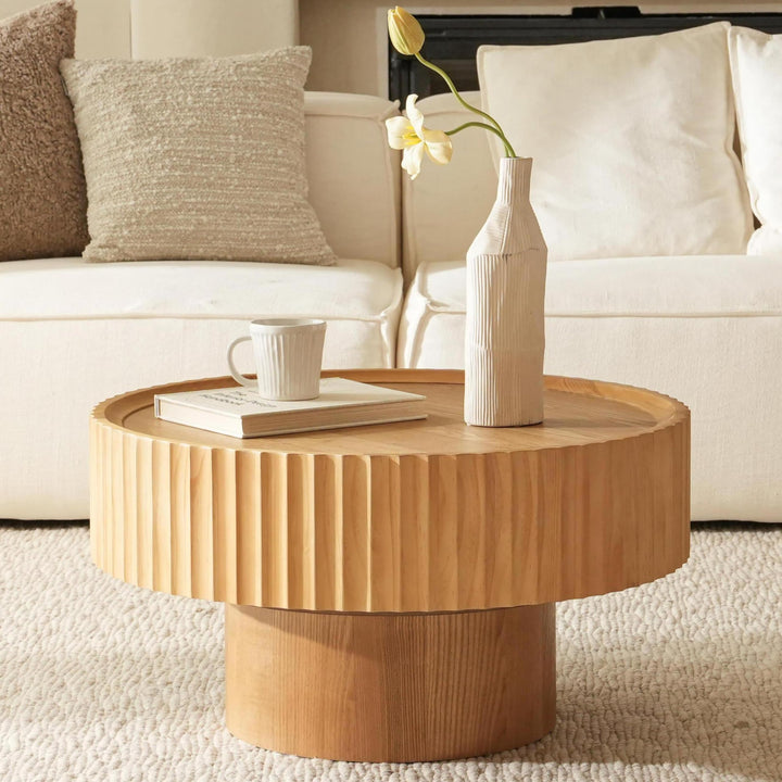 Couchtisch Rund Holz, Coffee Table mit Geriffeltem Design, Wohnzimmertisch Rund in Pilzform mit Den