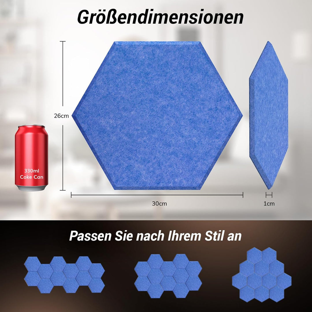 Hexagon Akustikplatten selbstklebend 12/18St. TONOR Schallabsorber Schallschutz mit Hochdichte Wandf