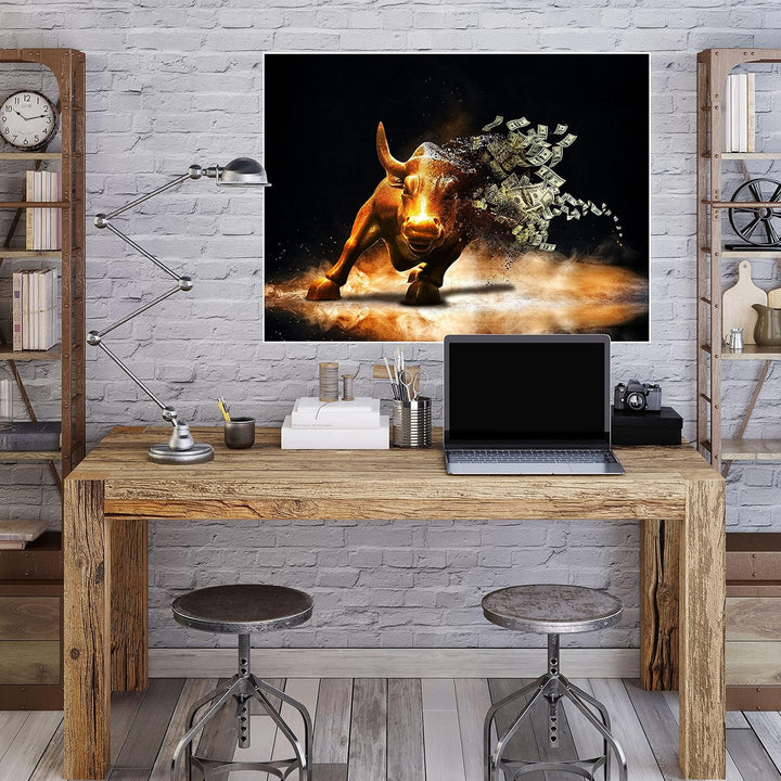 wandmotiv24 Poster als Wanddeko, Grösse 80x60cm, Goldener Stier, Dollar, Geldscheine, Geld, Tier, Mo