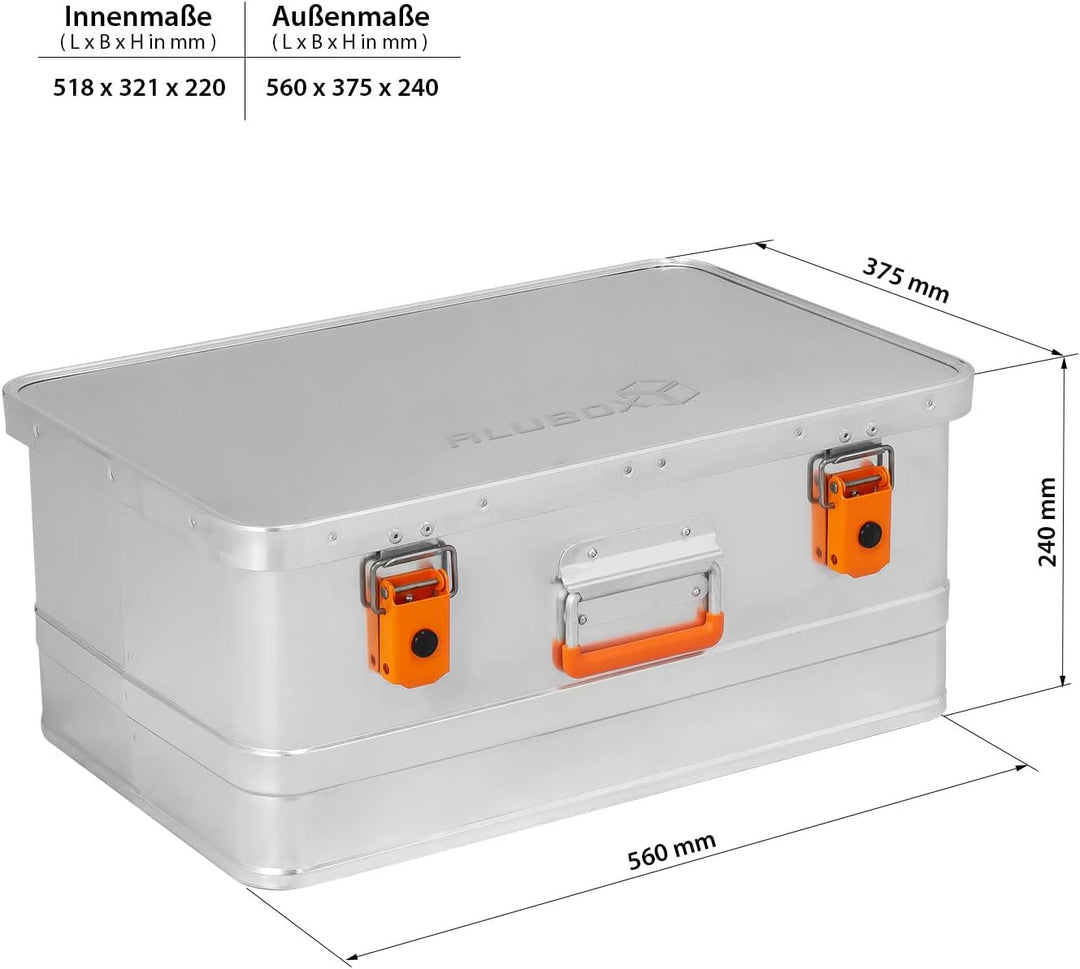 alubox Werkzeugtruhe Werkzeugkoffer 40 L silber Alu glänzend - orange Schnallen - Frontgriff - 040 L