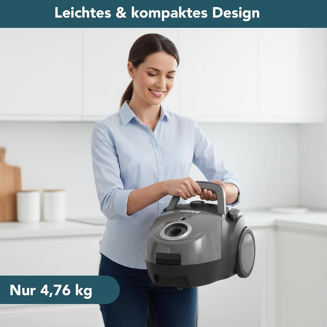 Akitas C5 Bodenstaubsauger mit Beutel, 850W Starke Saugleistung, 9m Aktionsradius, HEPA-Filter für A