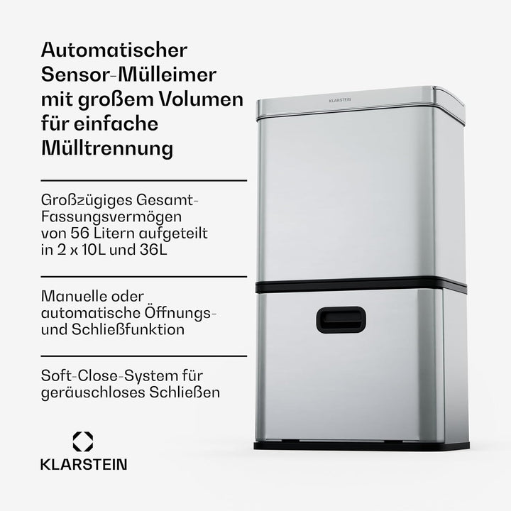 Klarstein 56 L Edelstahl-Sensormülleimer mit 3 Fächern (36+2x10 L), Bedienfeld mit LED-Anzeige, Soft