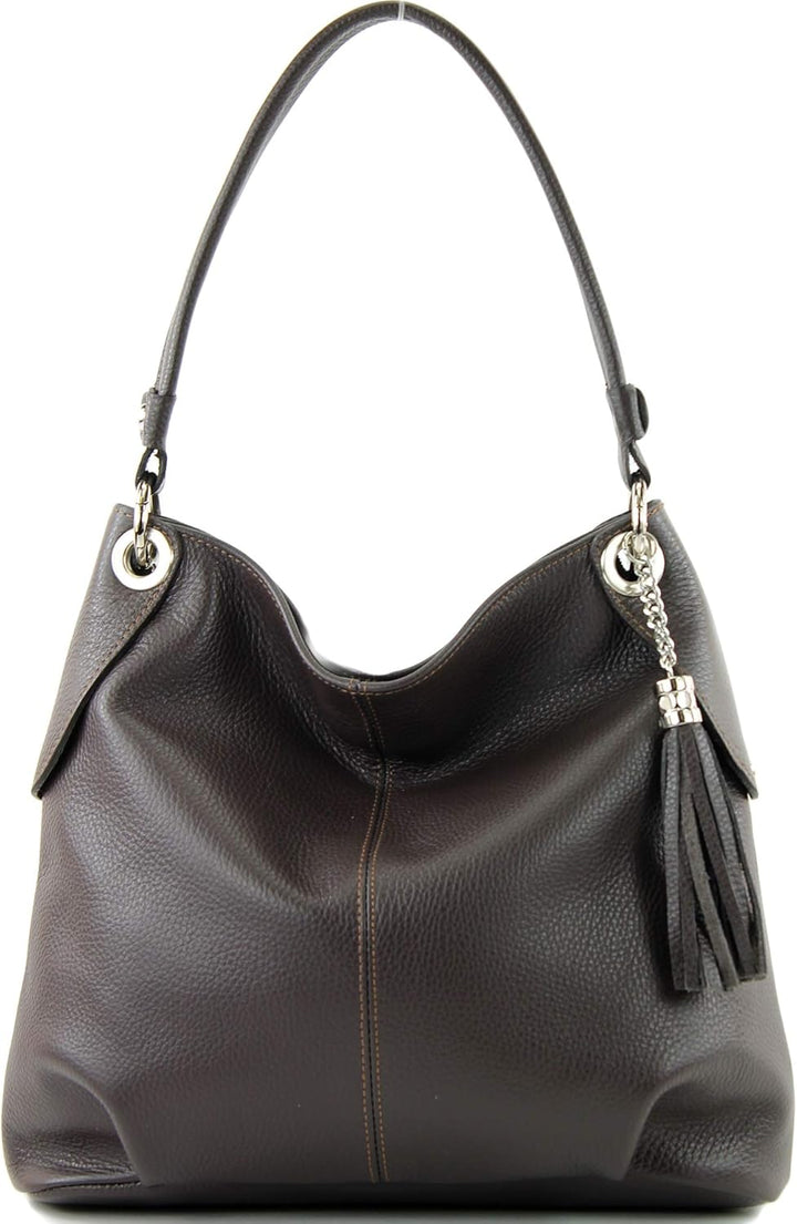 modamoda de T185 Damen Leder Schultertasche, handmade in Italy Dark Chocolate, Dark Chocolate