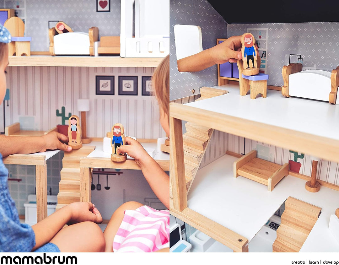 Mamabrum, Puppenhäus Aus Holz Mit Zubehör, Holzpuppenhaus mit Möbeln, Holztraumhaus mit Zubehör inkl