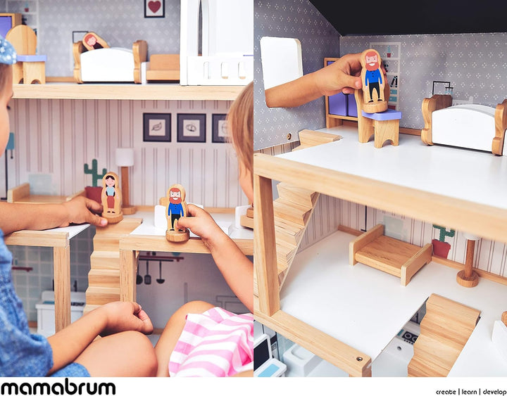 Mamabrum, Puppenhäus Aus Holz Mit Zubehör, Holzpuppenhaus mit Möbeln, Holztraumhaus mit Zubehör inkl