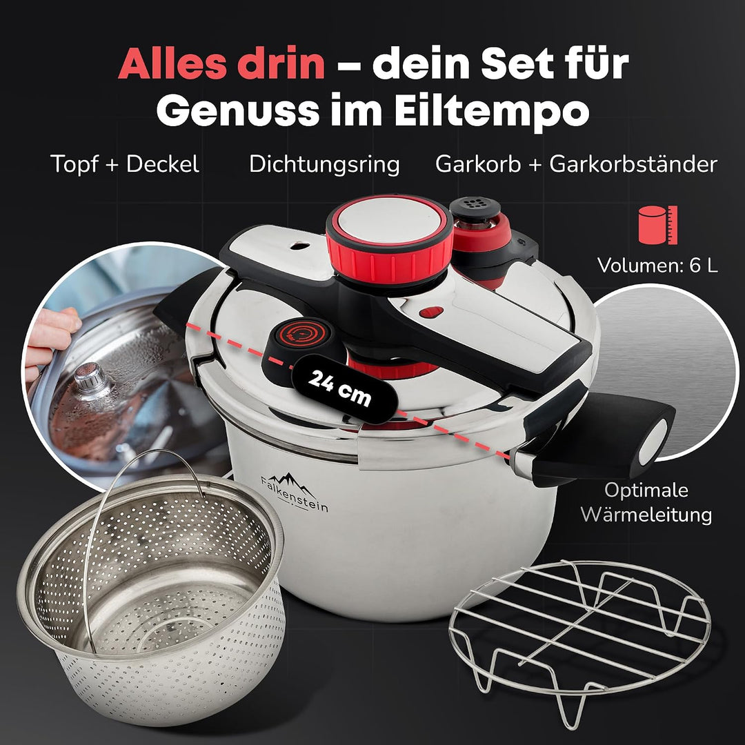 𝐅𝐚𝐥𝐤𝐞𝐧𝐬𝐭𝐞𝐢𝐧 Schnellkochtopf 6l [mit Garkorb], geeignet für alle Herdarten > Pressure Cooker 𝐦𝐢𝐭 𝐊𝐨𝐜𝐡