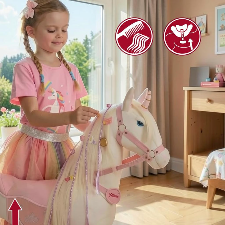 PONNIE Einhorn mit Rollen S (3-6 Jahre), Unicorn zum Reiten mit Abnehmbarer Rosa Sattel und Halfter