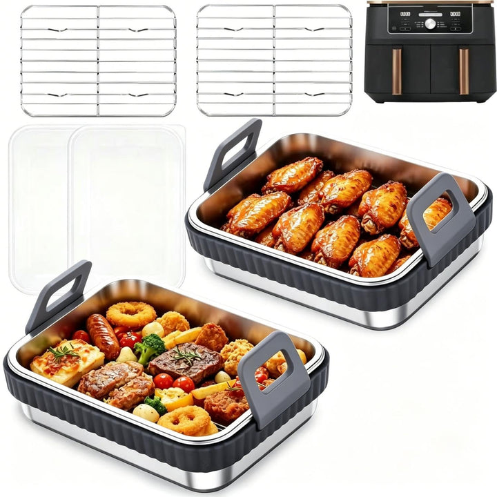 2er Set Edelstahl Backform für Heissluftfritteuse mit Grillrost und Frischhaltedeckel – Airfryer Zub