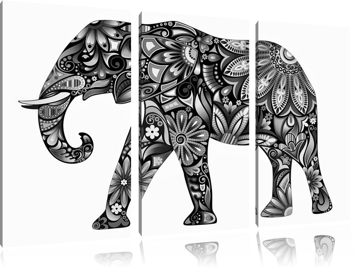 Pixxprint Elefant mit Ornamenten als Leinwandbild | Grösse: 3 Teilig (120x80) | Wandbild| Kunstdruck