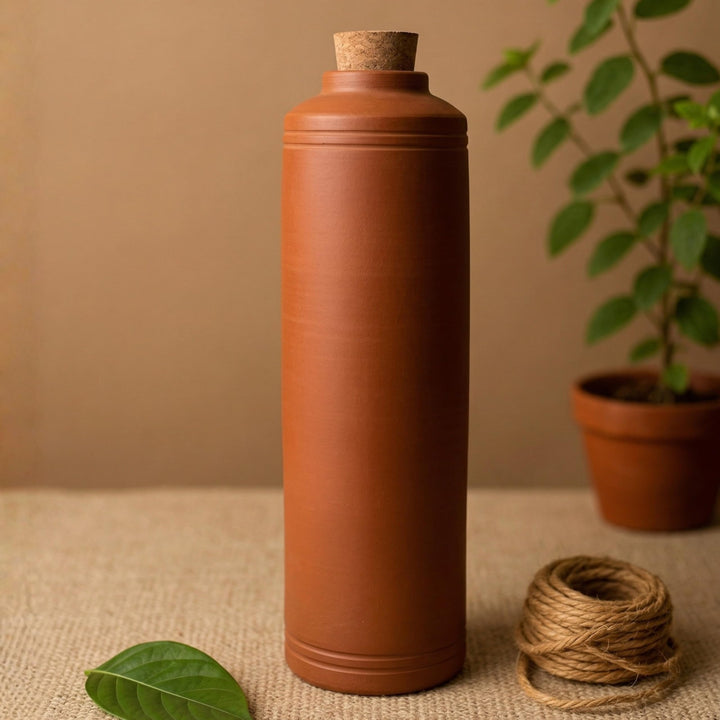 SWADESHI BLESSINGS Exklusive Produktreihe, unglasierte, handgefertigte Ton-Trinkflasche mit Tonkork/
