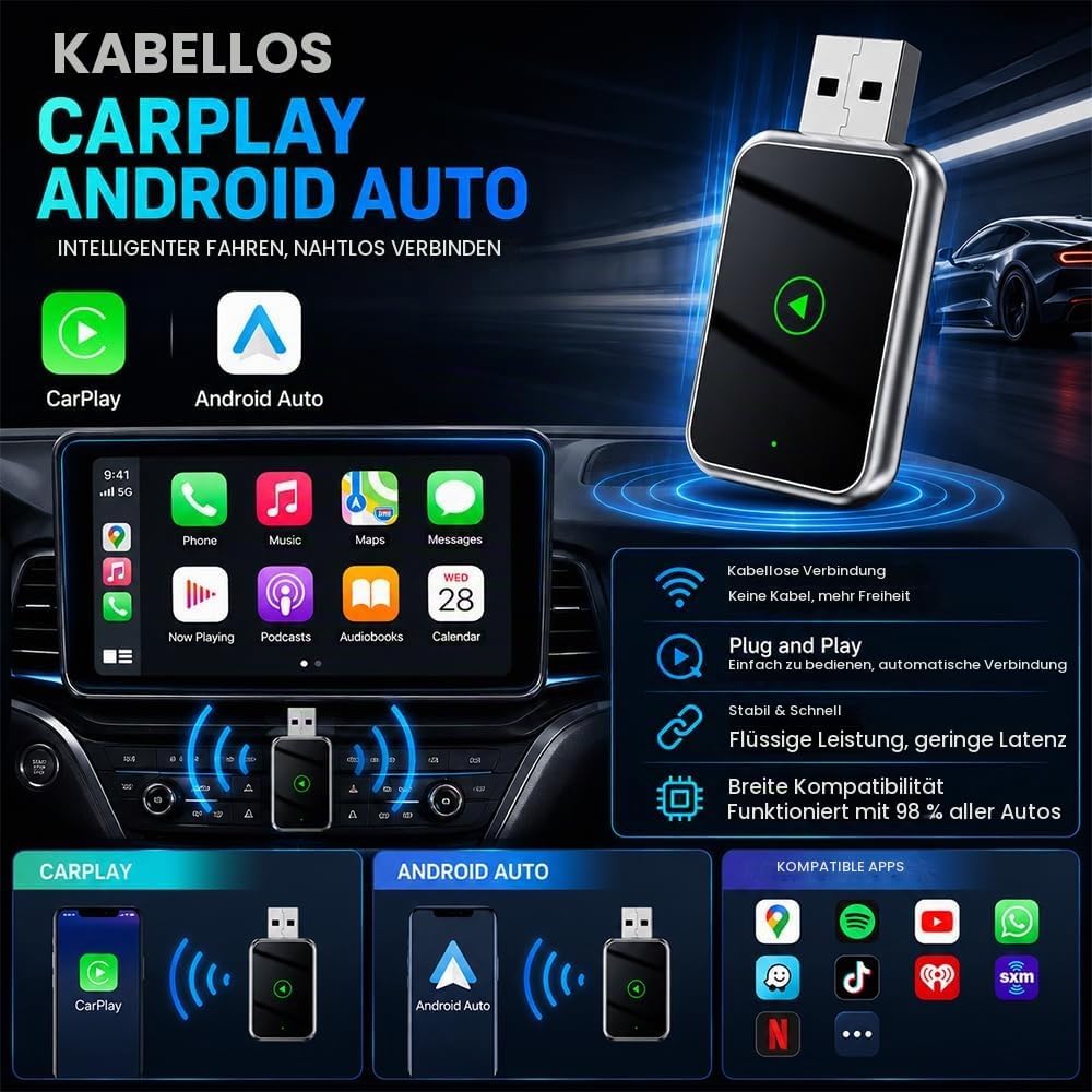 2026 Carplay Wireless Adapter, Android Auto Wireless Adapter, Car Play Adap-TER Auto mit USB und Typ