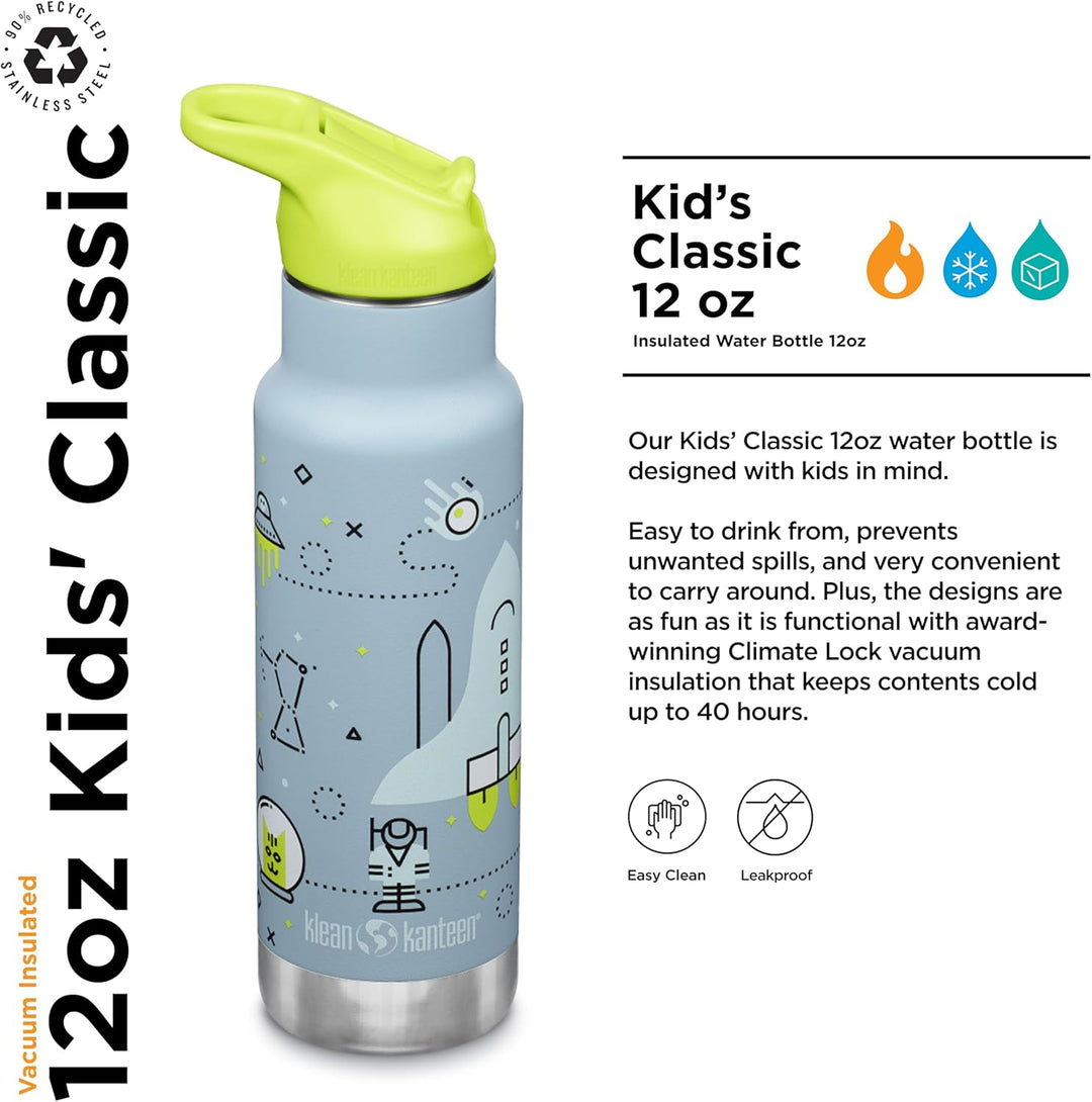 Klean Kanteen Kinder Isolierflasche, 355ml, Edelstahl, Flip Sport Cap mit Trinkhalm, Blau-Grün, Laun