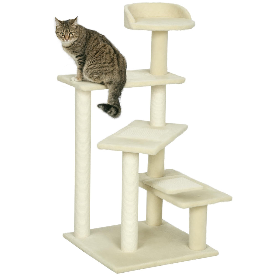 PawHut Kratzbaum 100 cm mit Sisalstämme für mittelgrosse Katzen Beige | Grosse Plattform, Mehrstöcki
