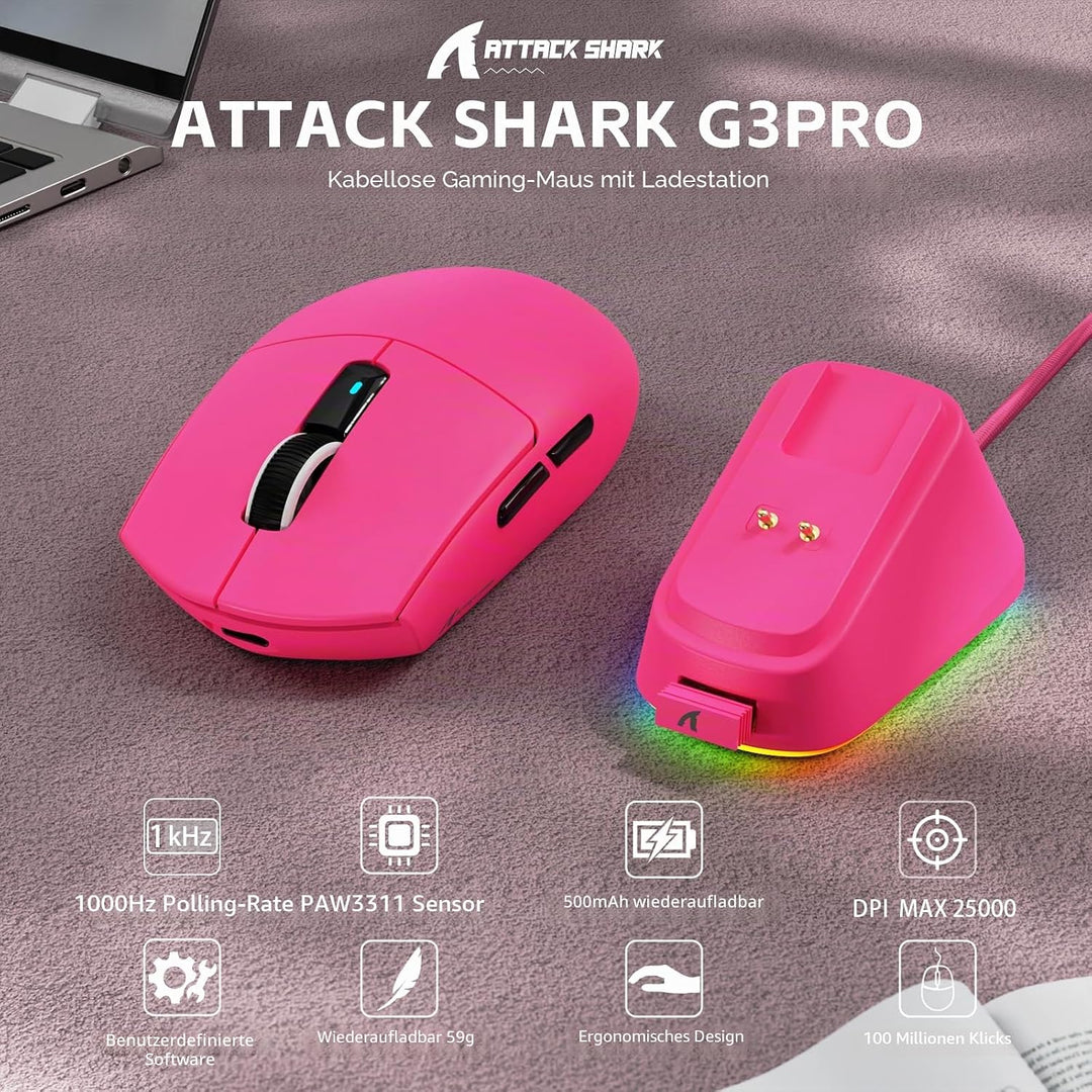 ATTACK SHARK G3PRO Kabellose Gaming-Maus mit Magnetischer Ladestation, PixArt PAW3311-Sensor, Bis zu