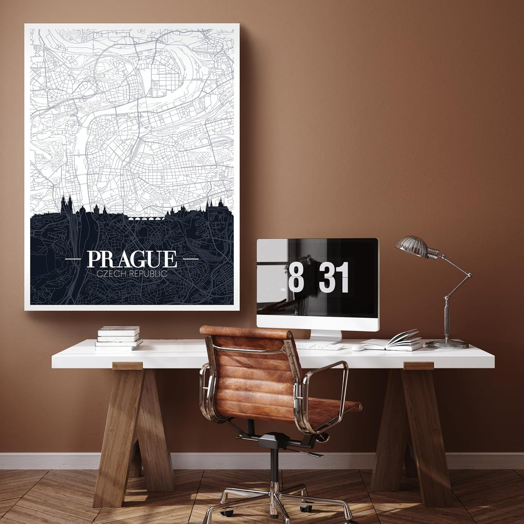 wandmotiv24 Stadt Karte als Leinwandbild, 100x75cm, Hochformat, Prag, Tschechien, Silhouette, Stadtp