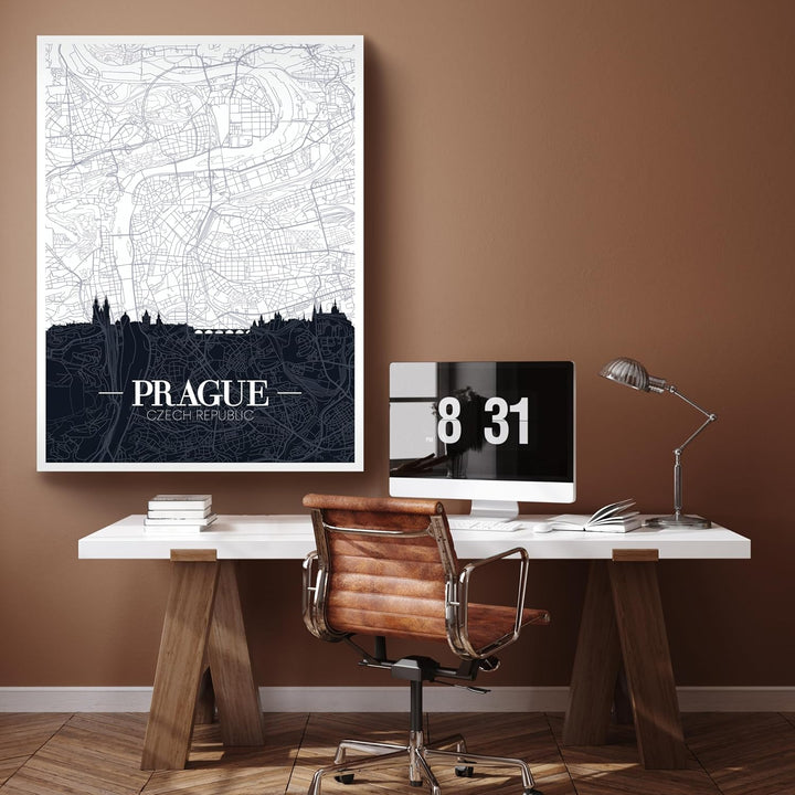 wandmotiv24 Stadt Karte als Leinwandbild, 60x45cm, Hochformat, Prag, Tschechien, Silhouette, Stadtpl