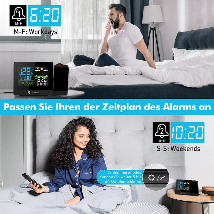 DR.PREPARE Projektionswecker Digitaler Wecker mit Projektion Wetterstation Wecker Projektionsuhr mit