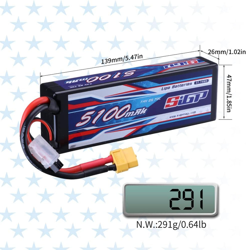 SIGP 2S Lipo Akku 7.4V 5100mAh 70C RC Akku Hardcase mit XT60 Anschluss für RC Fahrzeuge Auto LKW Tan