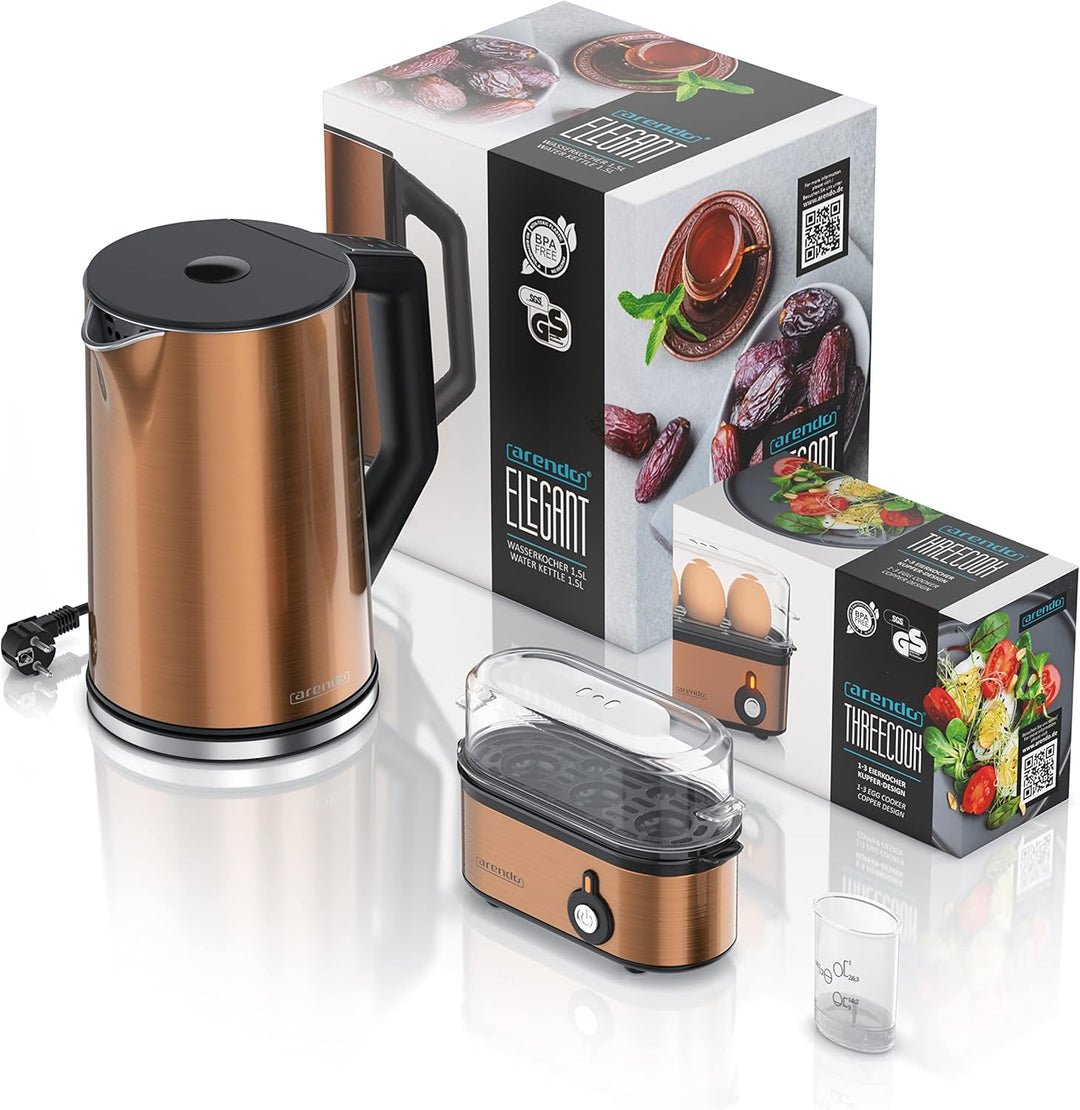 Arendo - Wasserkocher ELEGANT und Eierkocher THREECOOK im Set Edelstahl Kupfer – Wasserkocher 1,5L,