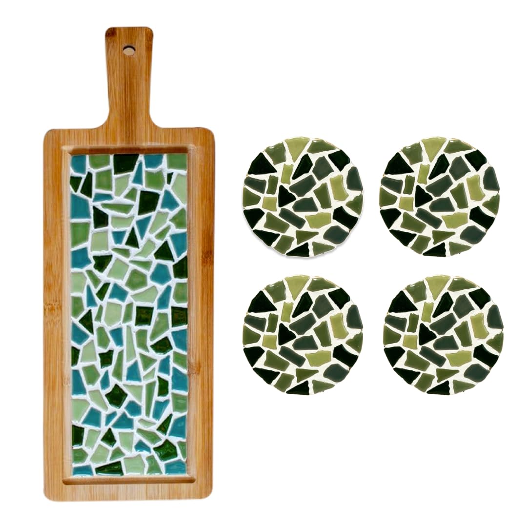 Little Creations - DIY Mosaik Bastelset Erwachsene Grün | 1x Servierplatte & 4x Untersetzter | Kompl