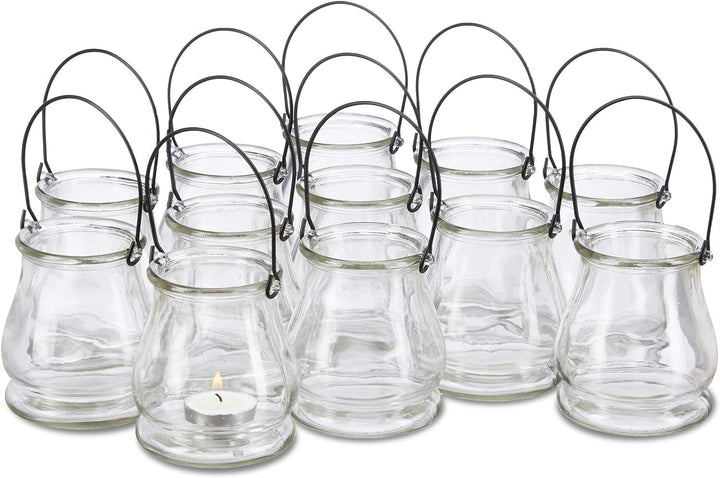 48 x Windlicht aus Glas, runde Glasvase mit Henkel, Tischdeko für Drinnen u. Draussen, Hängewindlich
