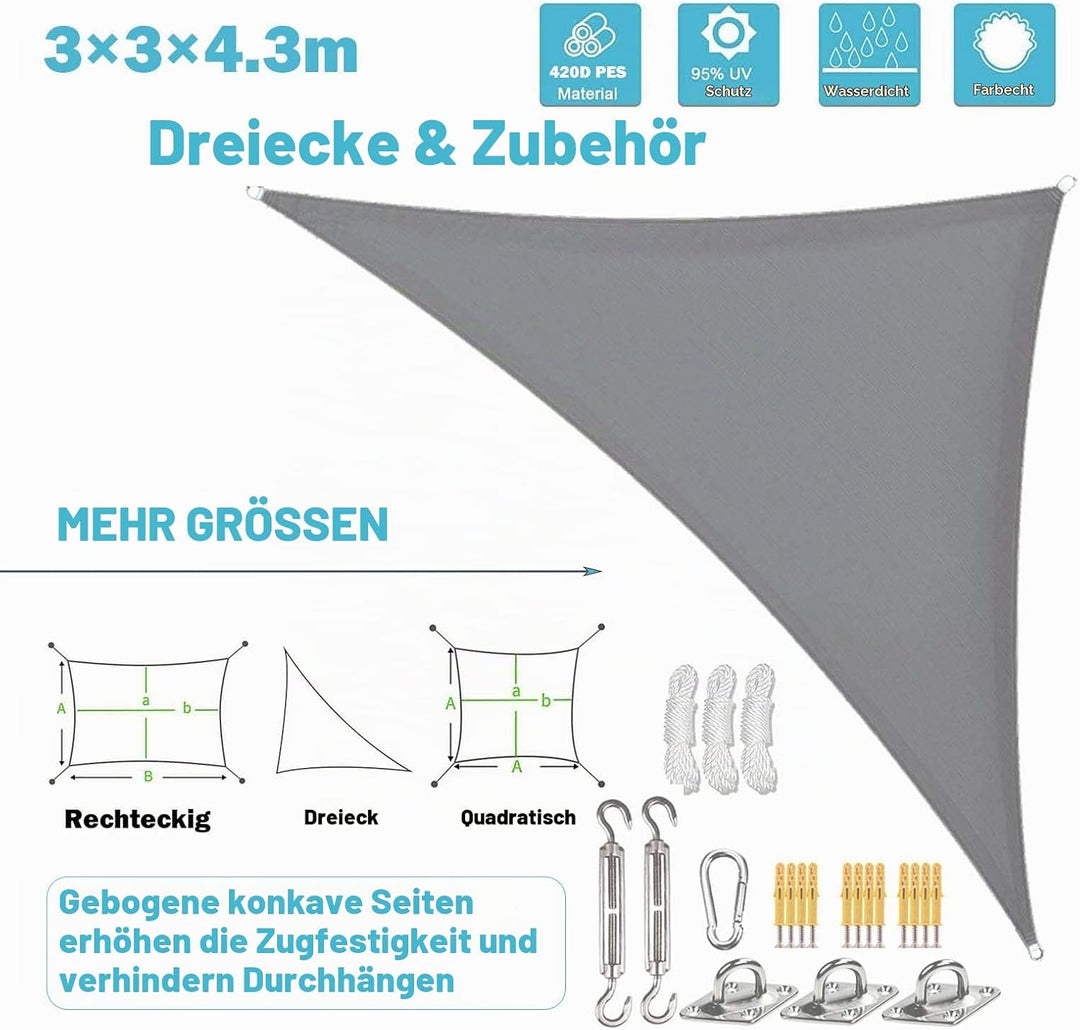 Sunal Sonnensegel Dreieckig 3x3x4.3m mit Befestigung Set,PES Polyester Wasserdicht,inkl Befestigungs