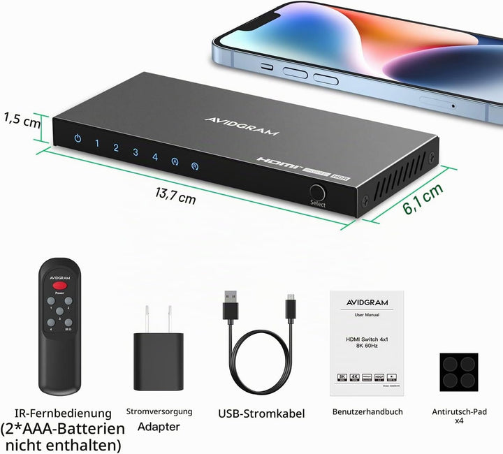 HDMI 2.1 Switch 8K 60Hz, AVIDGRAM HDMI Switch 4 in 1 Out mit IR-Fernbedienung, 4 Port 4K 120Hz HDMI