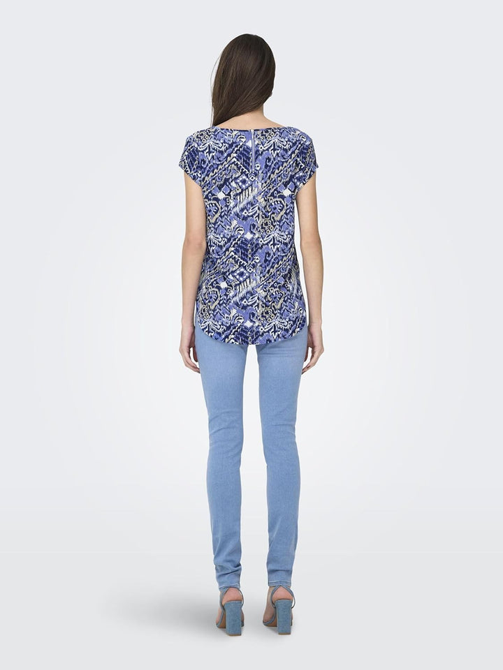 ONLY Damen Onlvic S/S Solid AOP Top Ptm T-Shirt, Blusenshirt, Kurzarm 36 Amparo Blue, 36 Amparo Blue